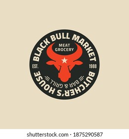 Black Bull Market, BBQ, Burger, Grill Badges. Butcher's House vector barbecue logo. Vintage emblem for steak house or grill bar. Meat restaurant or butchery emblems. The stylized head of a bull.