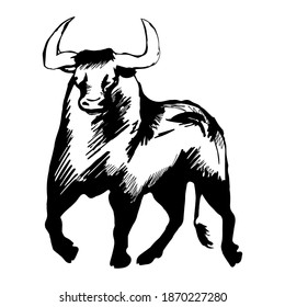 Black bull on white background, abstract drawing of a cow
