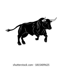 Black bull running, on a white background. Chinese calendar. New year's symbol - 2121. Year Of The Bull.