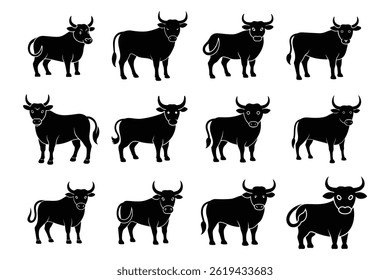 Black Bull Silhouette Collection Group Of Standing Vector Animals