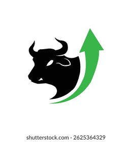 Black bull silhouette with a rising green arrow symbolizes bullish stock market trends, financial growth, or positive economic momentum in business and investment.