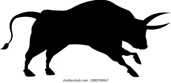 Black Bull Silhouette Running. Vector Illustration Isolated On Transparent Background