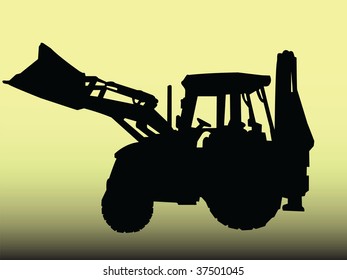 black bulldozer of industry vehicle vector silhouette on yellow background