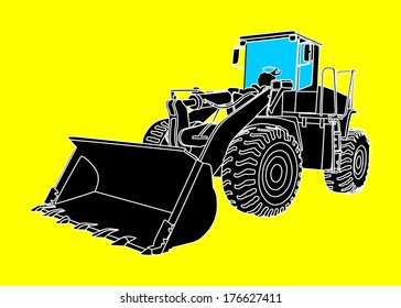 Black bulldozer vector isolated on yellow background.