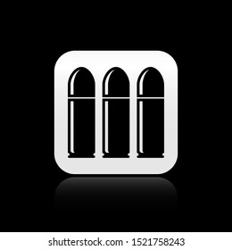 Black Bullet icon isolated on black background. Silver square button. Vector Illustration