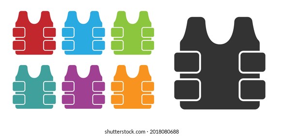 Black Bulletproof vest for protection from bullets icon isolated on white background. Body armor sign. Military clothing. Set icons colorful. Vector