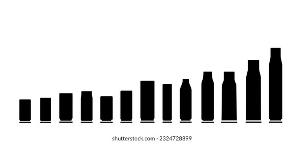 Black bullets silhouettes set. Ammunition for weapons, pistols and riffles. Pack of icons for website. Army and military attacks, war. Flat vector collection isolated on white background