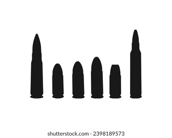 Siluetas de balas negras. Municiones para armas, escopetas, pistolas y rifles. Vector de símbolo de municiones del ejército. Colección vectorial plana aislada en fondo blanco. ilustración vectorial. EPS 10.