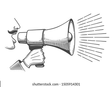 Black Bullhorns In Man Hand. Vintage Male Speaker Shout In Loudspeaker Engraved Vector Image, Retro Advertising Illustration Concept