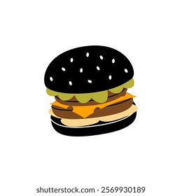 Black bun burger. Traditional American fast food. Vector illustration.