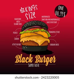 Black bun cheeseburger poster. Advertising template. 