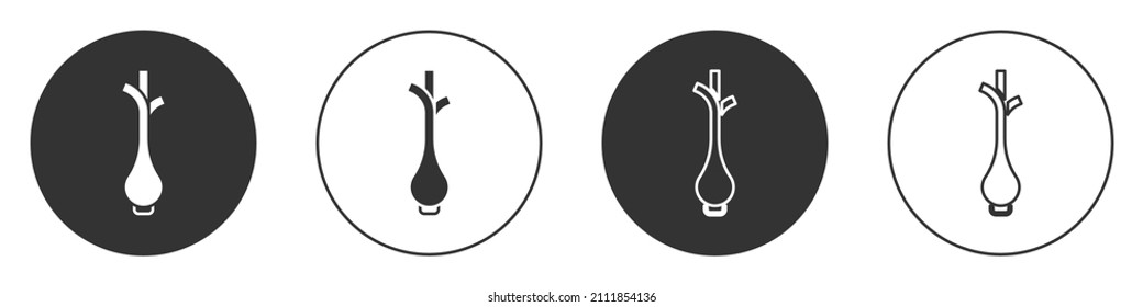 Black Bunch of fresh green onions icon isolated on white background. Circle button. Vector