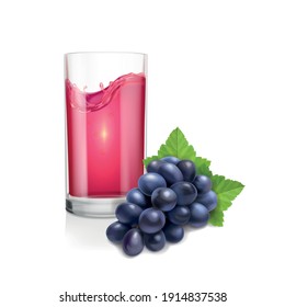 Black bunch of grapes illustration and glass of red wine or grape juice. Realistic vector on white background