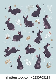 Black bunnies collection. Vector cartoon illustration of a group of black rabbits in various activities, surrounded by leaves and twigs. Isolated on light blue background