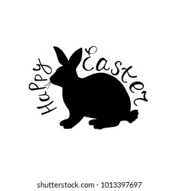  Black bunny with calligraphy phrase Happy Easter. Design for greeting card.
