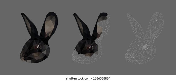 Black bunny face low poly triangular vector illustration isolated on grey. Polygonal style trendy modern logo business fairy design template for 
easter invitations and greetings.