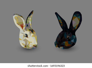Black bunny face low poly triangular vector illustration isolated on white. Polygonal style trendy modern logo business fairy design template for 
easter invitations and greetings.