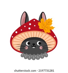 Black bunny in fly agaric hat. Rabbit wearing red mushroom hat portrait, face, head. Hare vector flat illustration.