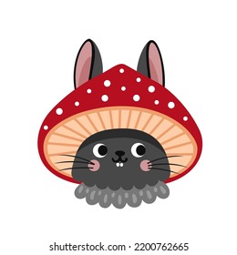 Black bunny in fly agaric hat. Rabbit wearing red mushroom hat portrait, face, head. Hare vector flat illustration.