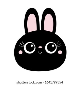 Black bunny rabbit hare face head round icon. Big eyelashes. Cute kawaii cartoon funny baby character. Scandinavian animal. Happy Easter. Greeting card. Blue background. Flat design. Vector