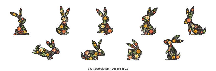 Black Bunny Silhouette with Spring Flowers Vector Set