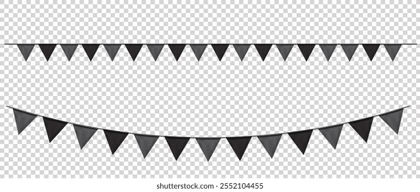 Banderas Bunting negras, fondo de Anuncio de bandera de triángulo de fiesta de carnaval. Banderines decorativos colgando de una cuerda para la celebración, cumpleaños, Festiva, año Nuevo. Vector de Elementos de decoración festiva
