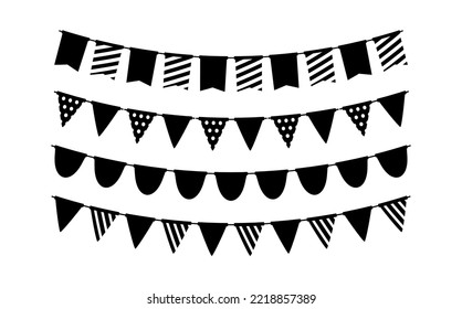 Black bunting silhouette set. Holiday flag garland collection. Black pennants chains. Flags decoration for party and celebration. Vector