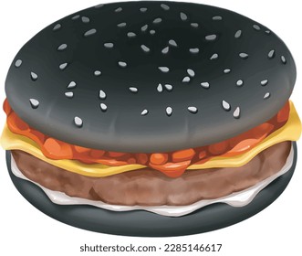 Black burger with beef, craft burger, cheese, vegetables and tomato, oil paint, digital paint, on white background. Street food, take-away, take-out. Fast food hand drawn digital illustration.