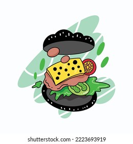Black burger cartoon icon illustration.	