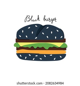 Black burger in flat design. Fast food concept.