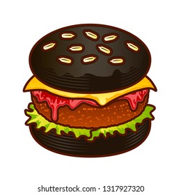 Black Burger food icon. Cartoon hand draw illustration of burger for web design, menu, game isoleted on white