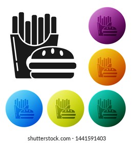 Black Burger and french fries in carton package box icon isolated on white background. Hamburger, burger, cheeseburger sandwich. Fast food menu. Set icons colorful circle buttons. Vector Illustration