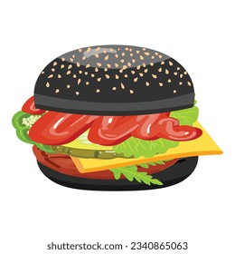 Black burger icon cartoon vector. Beef bun. Hamburger cheese