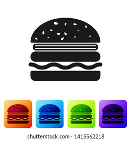 Black Burger icon isolated on white background. Hamburger icon. Cheeseburger sandwich sign. Set icon in color square buttons. Vector Illustration