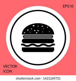 Black Burger icon isolated on red background. Hamburger icon. Cheeseburger sandwich sign. White circle button. Vector Illustration