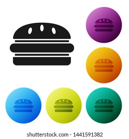 Black Burger icon isolated on white background. Hamburger icon. Cheeseburger sandwich sign. Fast food menu. Set icons colorful circle buttons. Vector Illustration