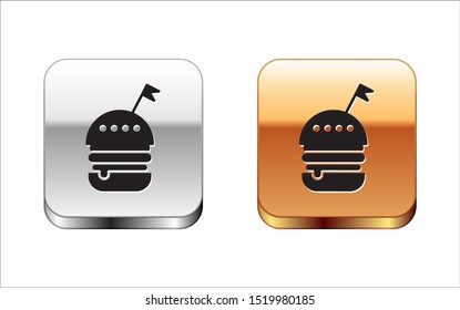 Black Burger icon isolated on white background. Hamburger icon. Cheeseburger sandwich sign. Fast food menu. Silver-gold square button. Vector Illustration