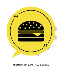 Black Burger icon isolated on white background. Hamburger icon. Cheeseburger sandwich sign. Yellow speech bubble symbol. Vector Illustration