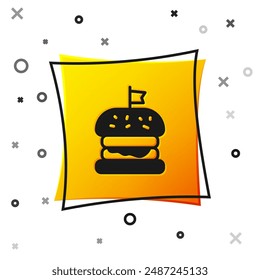 Black Burger icon isolated on white background. Hamburger icon. Cheeseburger sandwich sign. Fast food menu. Yellow square button. Vector