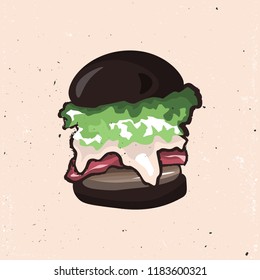 Black burger isolated, big craft black burger with salat, bacon, beaf pork cutlet and cheese. Black bun. Vector illustration