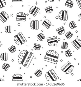Black Burger line icon isolated seamless pattern on white background. Hamburger icon. Cheeseburger sandwich sign. Vector Illustration