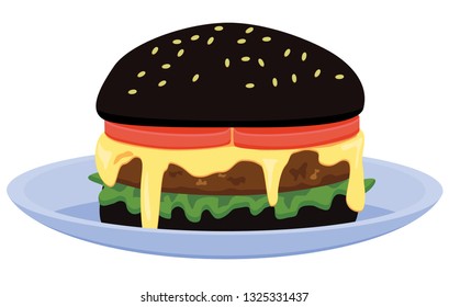 Black burger on a plate vector