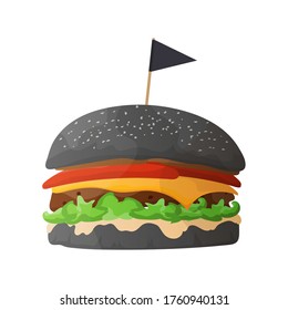 Black burger. Burger with black roll, cutlet, cheese, tomato and lettuce. Isolated. Vector.