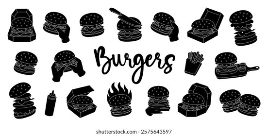 Black burger set. Beef burger, hamburger, veggie burger, cheeseburger. Traditional American fast food. Vector illustration.