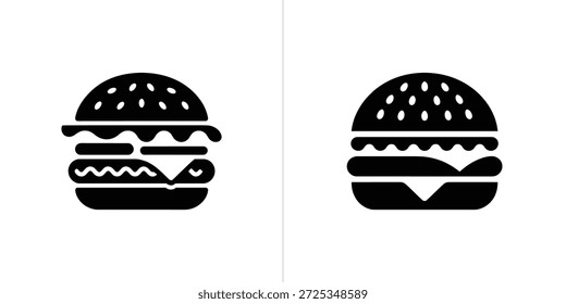 Un símbolo de hamburguesa negra con fondo transparente y con carne, tomate, ensalada y queso. Diseño plano y estilo pictograma simple.