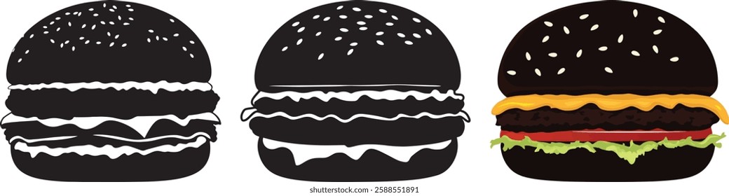 Black Burger Vector Illustration Set on White Background