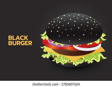 Vector de hamburguesa negra sobre fondo gris, hamburguesa con bollo negro, cutlet, queso, tomate y lechuga. ilustración vectorial de estilo realista