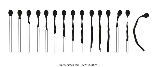 Black burned matches. Whole and burning matchstick with fire, stick with sulfur ignition and spark, simple silhouettes flat doodle style. Vector set animation kit. Different stages