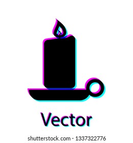 Black Burning candle in candlestick icon isolated on white background. Old fashioned lit candle. Cylindrical aromatic candle stick with burning flame. Vector Illustration