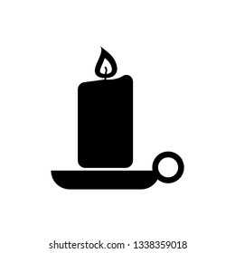 Black Burning candle in candlestick icon isolated on white background. Old fashioned lit candle. Cylindrical aromatic candle stick with burning flame. Vector Illustration